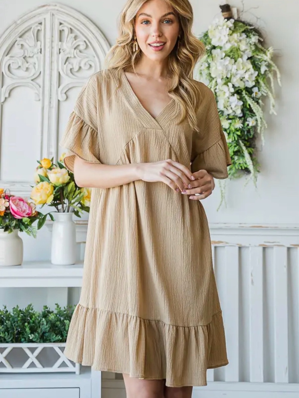 Neutral Tan Ruffle-Sleeve V-Neck Dress